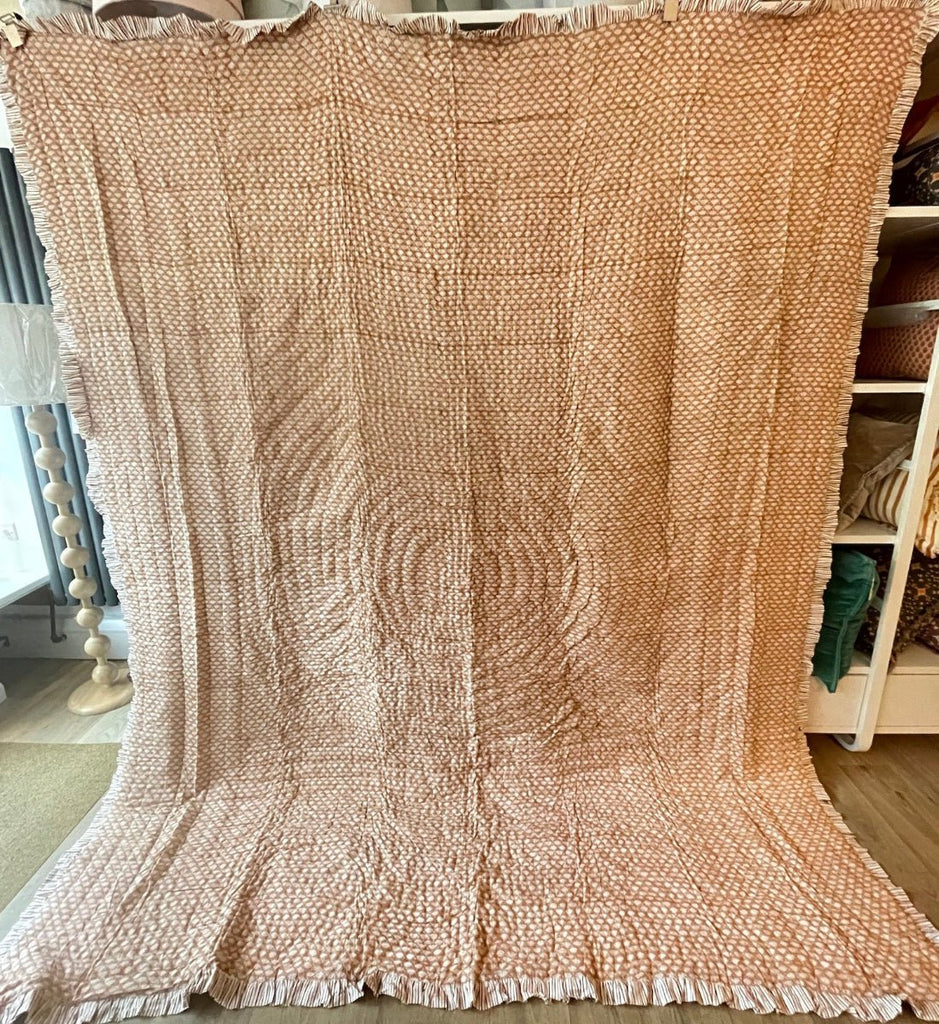 Indian Hand Block Print Cotton Quilt - Pale Terracotta/Brown Floral/Stripe Ruffle - RhoolQuiltRhoolIndian Hand Block Print Cotton Quilt - Pale Terracotta/Brown Floral/Stripe Ruffle