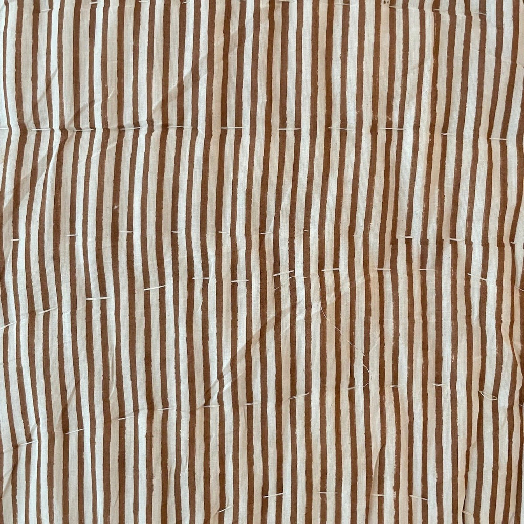 Indian Hand Block Print Cotton Quilt - Pale Terracotta/Brown Floral/Stripe Ruffle - RhoolQuiltRhoolIndian Hand Block Print Cotton Quilt - Pale Terracotta/Brown Floral/Stripe Ruffle