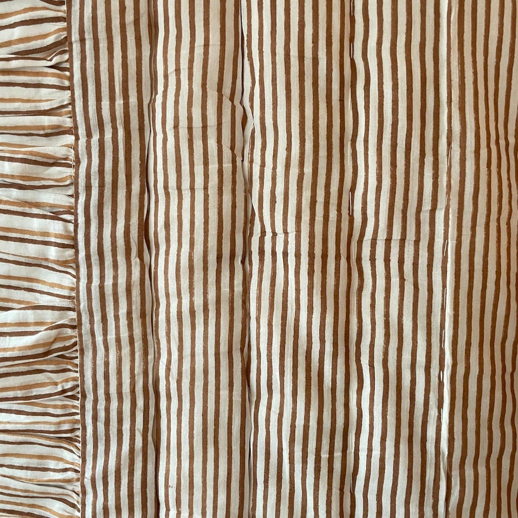 Indian Hand Block Print Cotton Quilt - Pale Terracotta/Brown Floral/Stripe Ruffle - RhoolQuiltRhoolIndian Hand Block Print Cotton Quilt - Pale Terracotta/Brown Floral/Stripe Ruffle