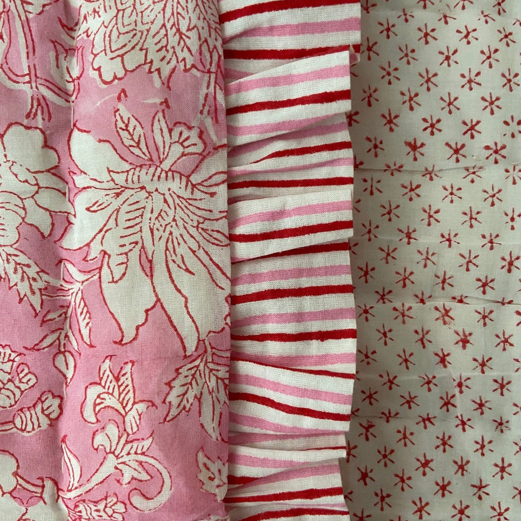 Indian Hand Block Print Cotton Quilt - Pink and Red Ruffle - RhoolQuiltRhoolIndian Hand Block Print Cotton Quilt - Pink and Red Ruffle