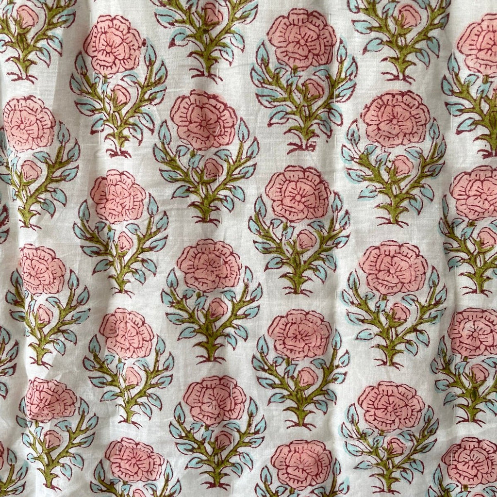 Indian Hand Block Print Cotton Quilt - Pink Flower/Blue Stripe - RhoolQuiltRhoolIndian Hand Block Print Cotton Quilt - Pink Flower/Blue Stripe
