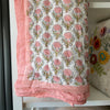Indian Hand Block Print Cotton Quilt - Pink Flower/Blue Stripe - RhoolQuiltRhoolIndian Hand Block Print Cotton Quilt - Pink Flower/Blue Stripe