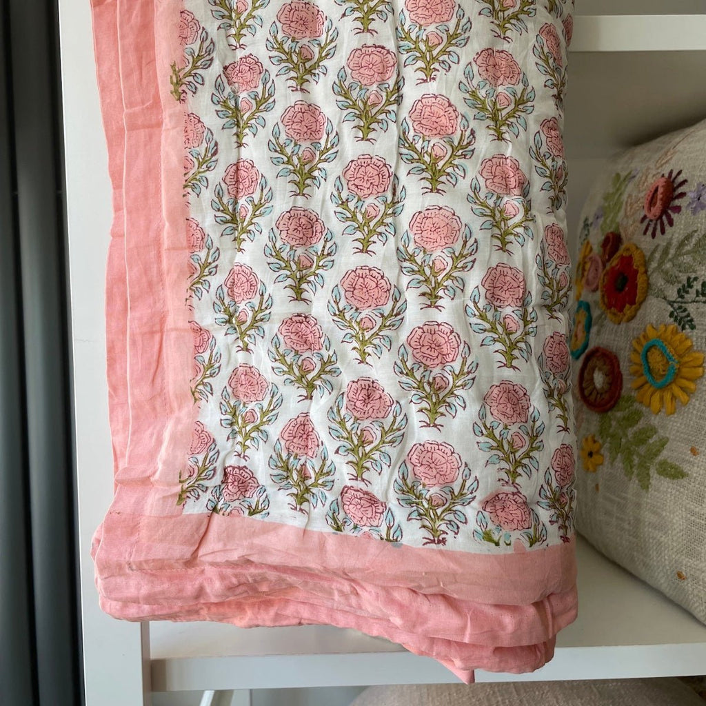 Indian Hand Block Print Cotton Quilt - Pink Flower/Blue Stripe - RhoolQuiltRhoolIndian Hand Block Print Cotton Quilt - Pink Flower/Blue Stripe