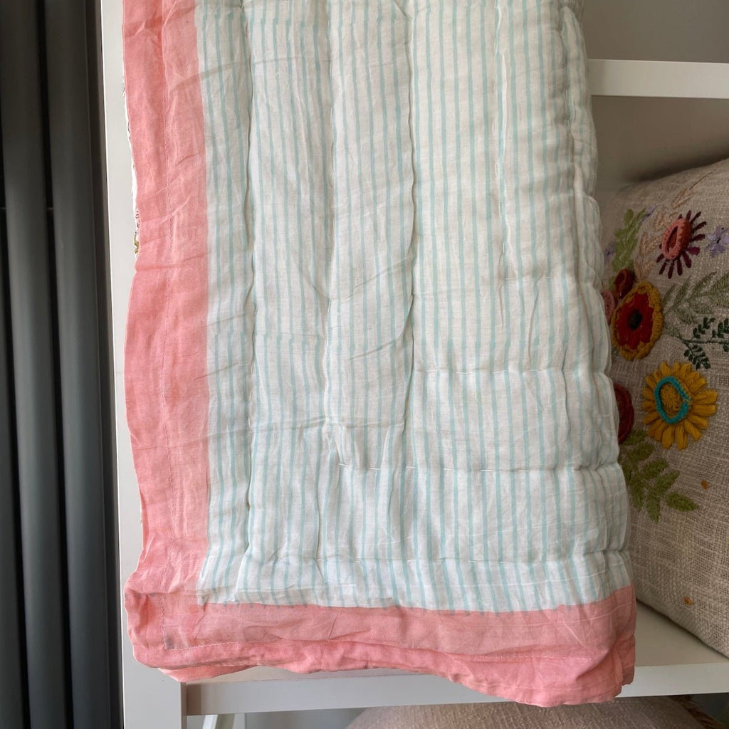 Indian Hand Block Print Cotton Quilt - Pink Flower/Blue Stripe - RhoolQuiltRhoolIndian Hand Block Print Cotton Quilt - Pink Flower/Blue Stripe