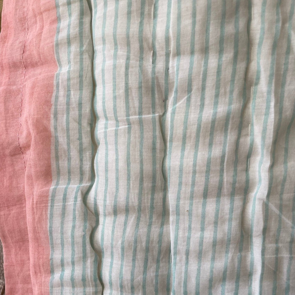 Indian Hand Block Print Cotton Quilt - Pink Flower/Blue Stripe - RhoolQuiltRhoolIndian Hand Block Print Cotton Quilt - Pink Flower/Blue Stripe