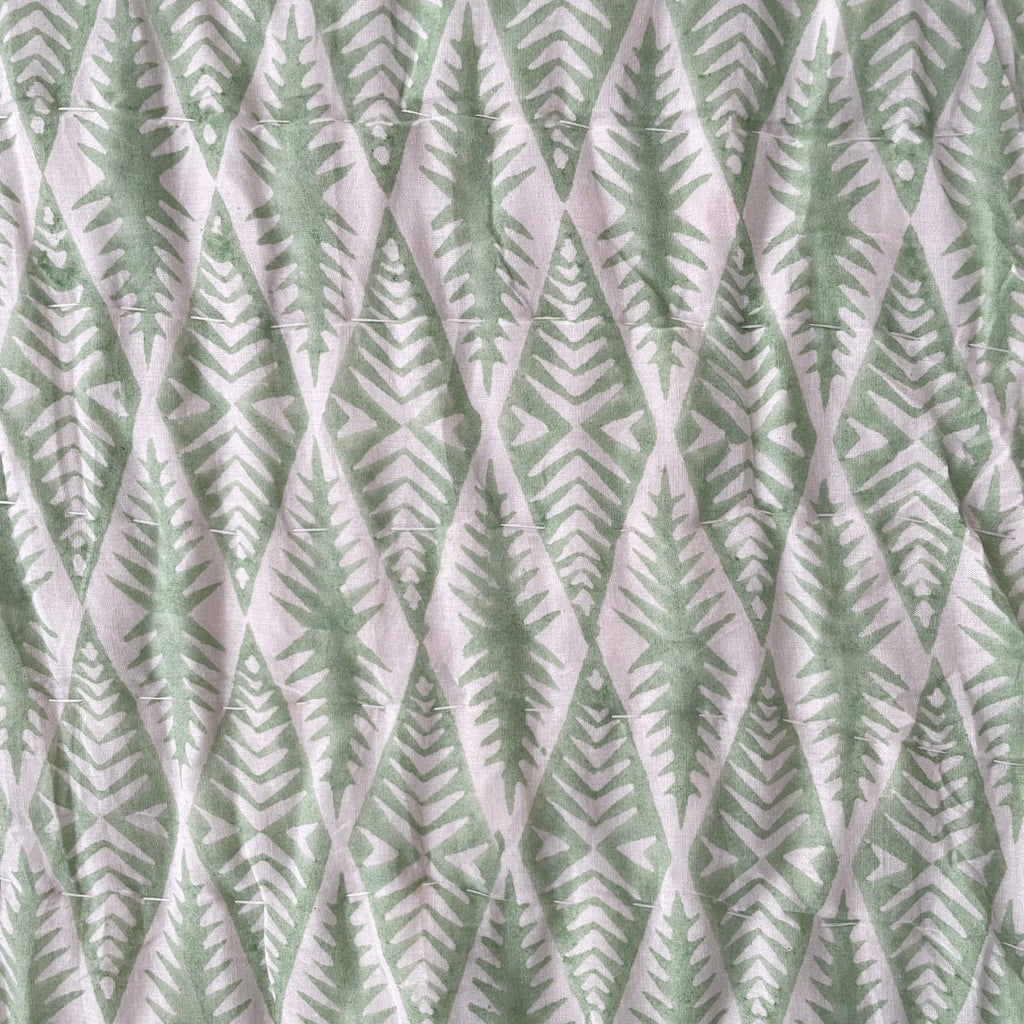 Indian Hand Block Print Cotton Quilt - Pink Flower/Green Ikat - RhoolQuiltRhoolIndian Hand Block Print Cotton Quilt - Pink Flower/Green Ikat