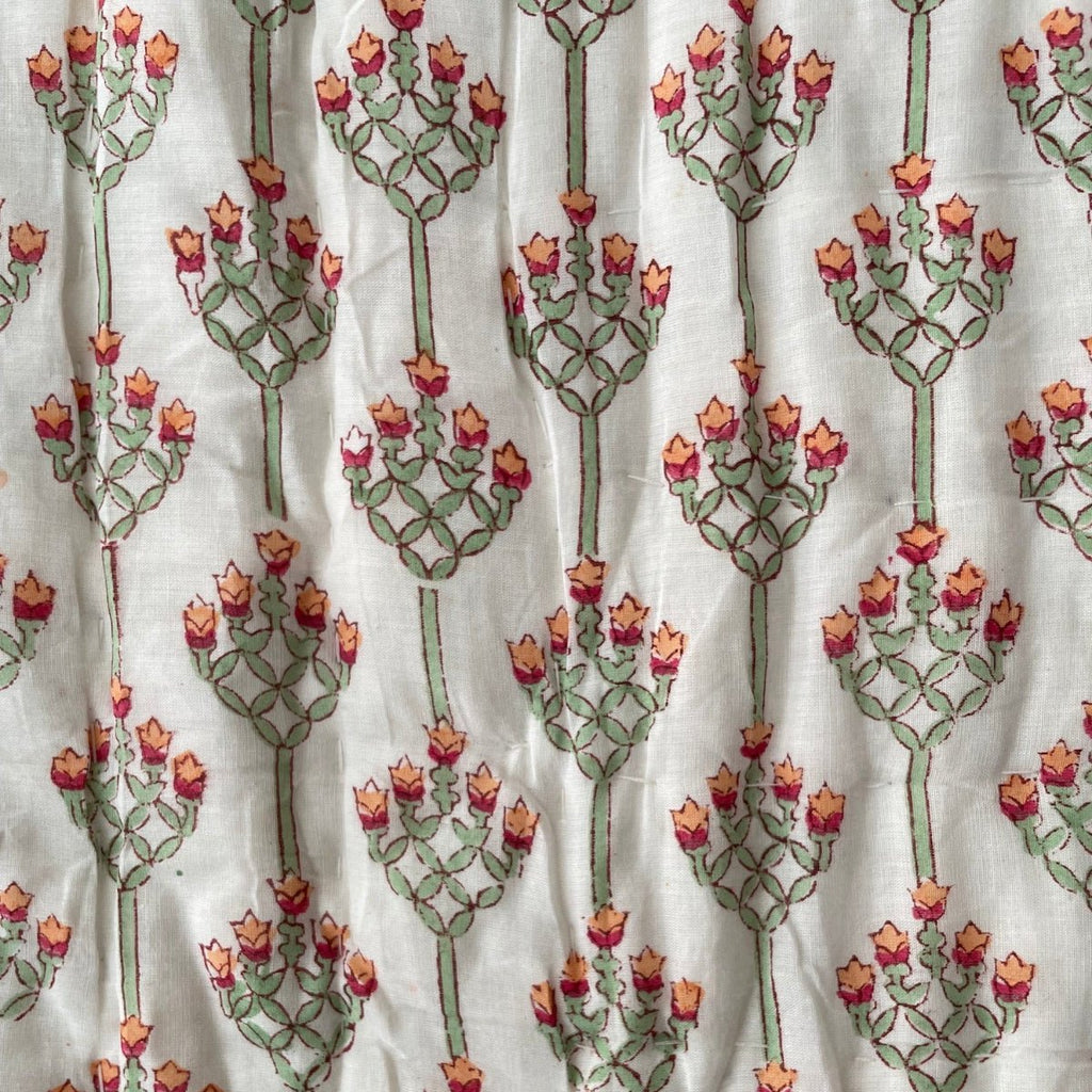Indian Hand Block Print Cotton Quilt - Pink Flower/Green Ikat - RhoolQuiltRhoolIndian Hand Block Print Cotton Quilt - Pink Flower/Green Ikat