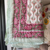 Indian Hand Block Print Cotton Quilt - Pink Flower/Green Ikat - RhoolQuiltRhoolIndian Hand Block Print Cotton Quilt - Pink Flower/Green Ikat