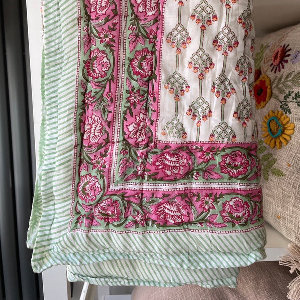 Indian Hand Block Print Cotton Quilt - Pink Flower/Green Ikat - RhoolQuiltRhoolIndian Hand Block Print Cotton Quilt - Pink Flower/Green Ikat