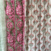 Indian Hand Block Print Cotton Quilt - Pink Flower/Green Ikat - RhoolQuiltRhoolIndian Hand Block Print Cotton Quilt - Pink Flower/Green Ikat