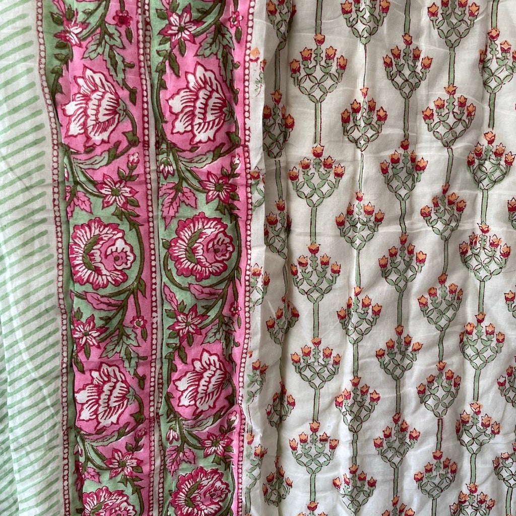 Indian Hand Block Print Cotton Quilt - Pink Flower/Green Ikat - RhoolQuiltRhoolIndian Hand Block Print Cotton Quilt - Pink Flower/Green Ikat