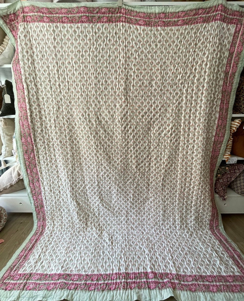 Indian Hand Block Print Cotton Quilt - Pink Flower/Green Ikat - RhoolQuiltRhoolIndian Hand Block Print Cotton Quilt - Pink Flower/Green Ikat