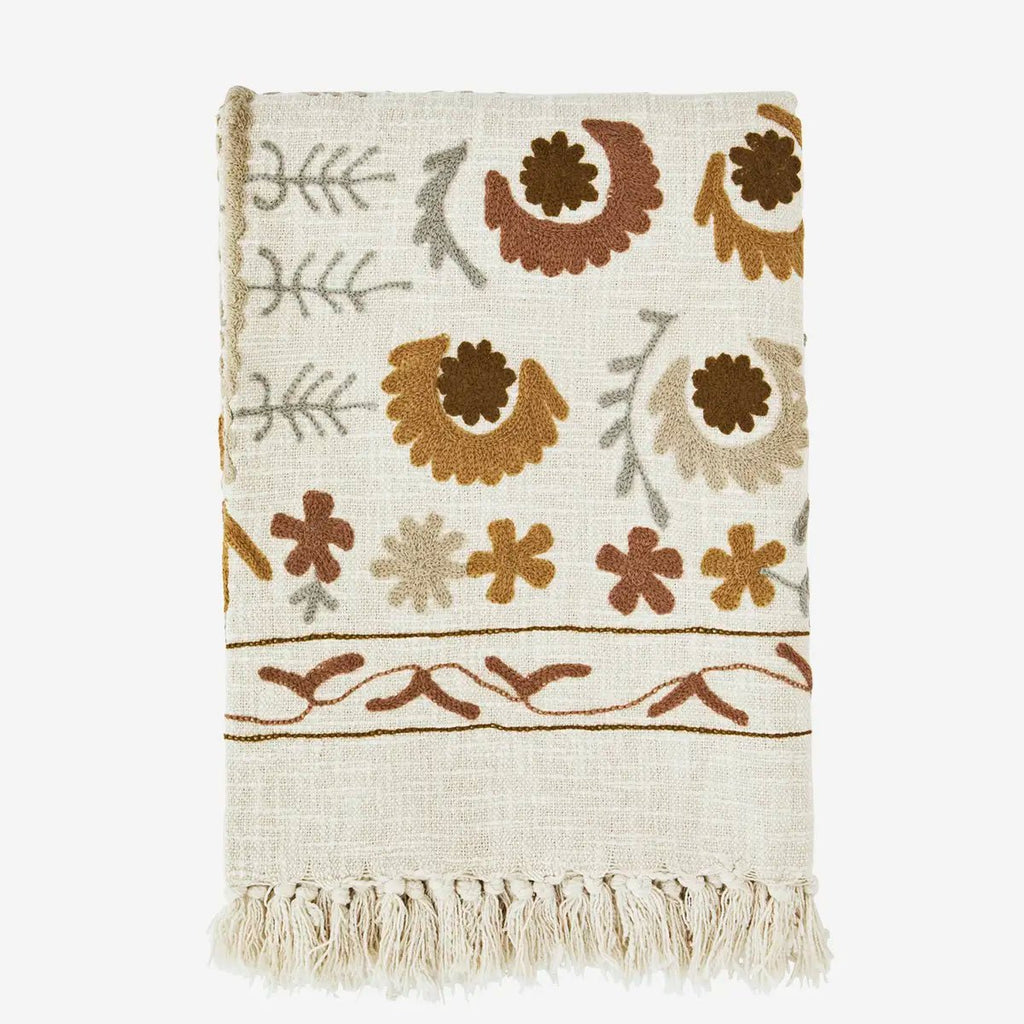 Madam Stoltz Embroidered Suzani Cotton Throw - Brown - RhoolThrowMadam StoltzMadam Stoltz Embroidered Suzani Cotton Throw - Brown
