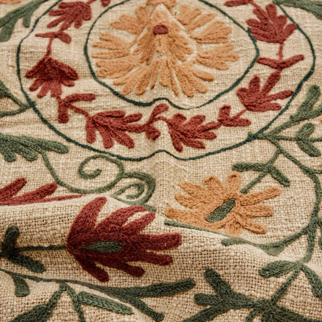 Madam Stoltz Embroidered Suzani Cotton Throw - Sand, ruby wine - RhoolThrowMadam StoltzMadam Stoltz Embroidered Suzani Cotton Throw - Sand, ruby wine