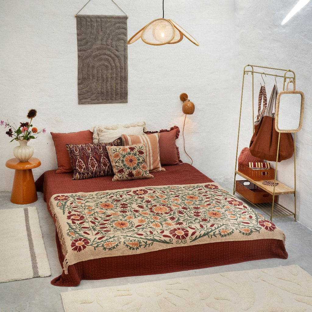 Madam Stoltz Embroidered Suzani Cotton Throw - Sand, ruby wine - RhoolThrowMadam StoltzMadam Stoltz Embroidered Suzani Cotton Throw - Sand, ruby wine