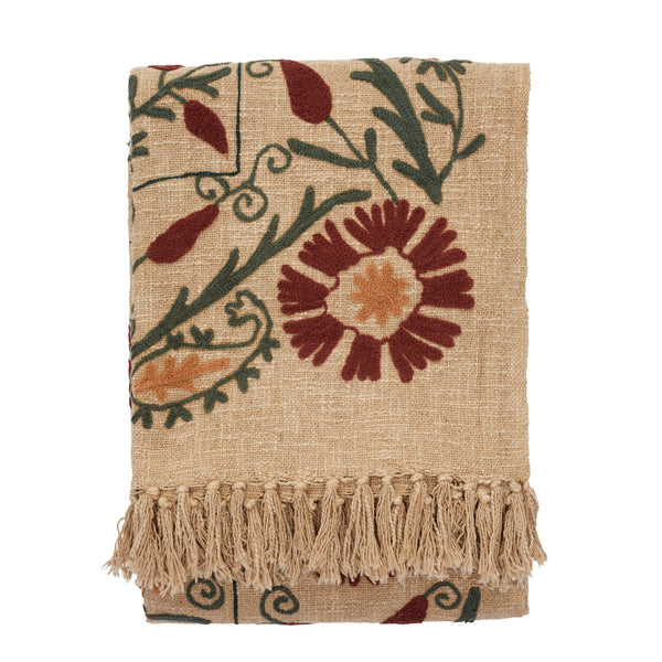 Madam Stoltz Embroidered Suzani Cotton Throw - Sand, ruby wine - RhoolThrowMadam StoltzMadam Stoltz Embroidered Suzani Cotton Throw - Sand, ruby wine