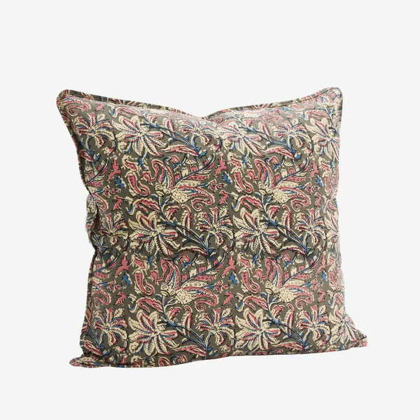 Madam Stoltz Patterned Cotton Cushion Cover - Grey and Raspberry - RhoolCushionMadam StoltzMadam Stoltz Patterned Cotton Cushion Cover - Grey and Raspberry