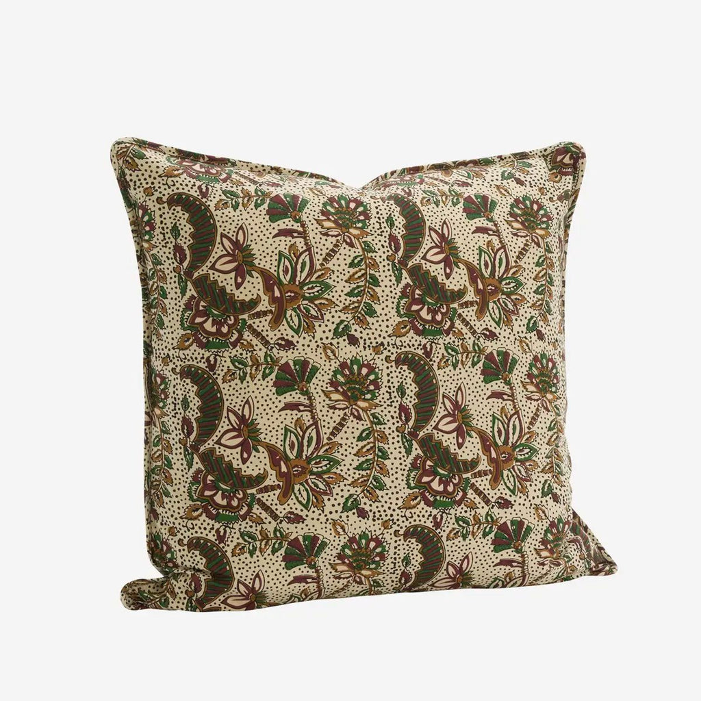 Madam Stoltz Patterned Cotton Cushion Cover - Off white, green, mustard - RhoolCushionMadam StoltzMadam Stoltz Patterned Cotton Cushion Cover - Off white, green, mustard