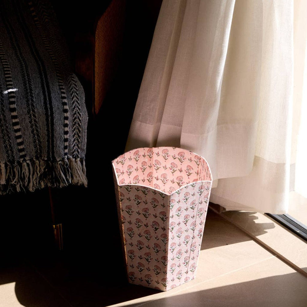 Paper Mirchi Block Printed Waste Paper Basket - Ditsy Floral Blush - RhoolWaste Paper BasketPaper MirchiPaper Mirchi Block Printed Waste Paper Basket - Ditsy Floral Blush