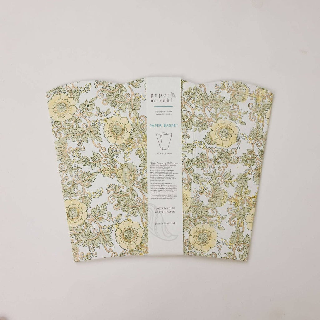 Paper Mirchi Block Printed Waste Paper Basket - Wild Rose Buttercream - RhoolWaste Paper BasketPaper MirchiPaper Mirchi Block Printed Waste Paper Basket - Wild Rose Buttercream