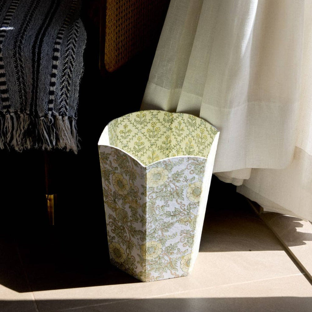 Paper Mirchi Block Printed Waste Paper Basket - Wild Rose Buttercream - RhoolWaste Paper BasketPaper MirchiPaper Mirchi Block Printed Waste Paper Basket - Wild Rose Buttercream