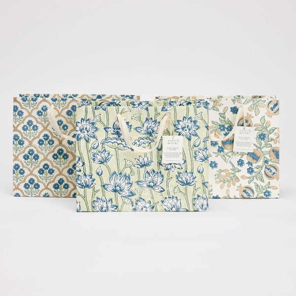 Paper Mirchi Hand Block Printed Gift Bags - Medium - Blue, Pink, Yellow - RhoolGreeting CardPaper MirchiPaper Mirchi Hand Block Printed Gift Bags - Medium - Blue, Pink, Yellow