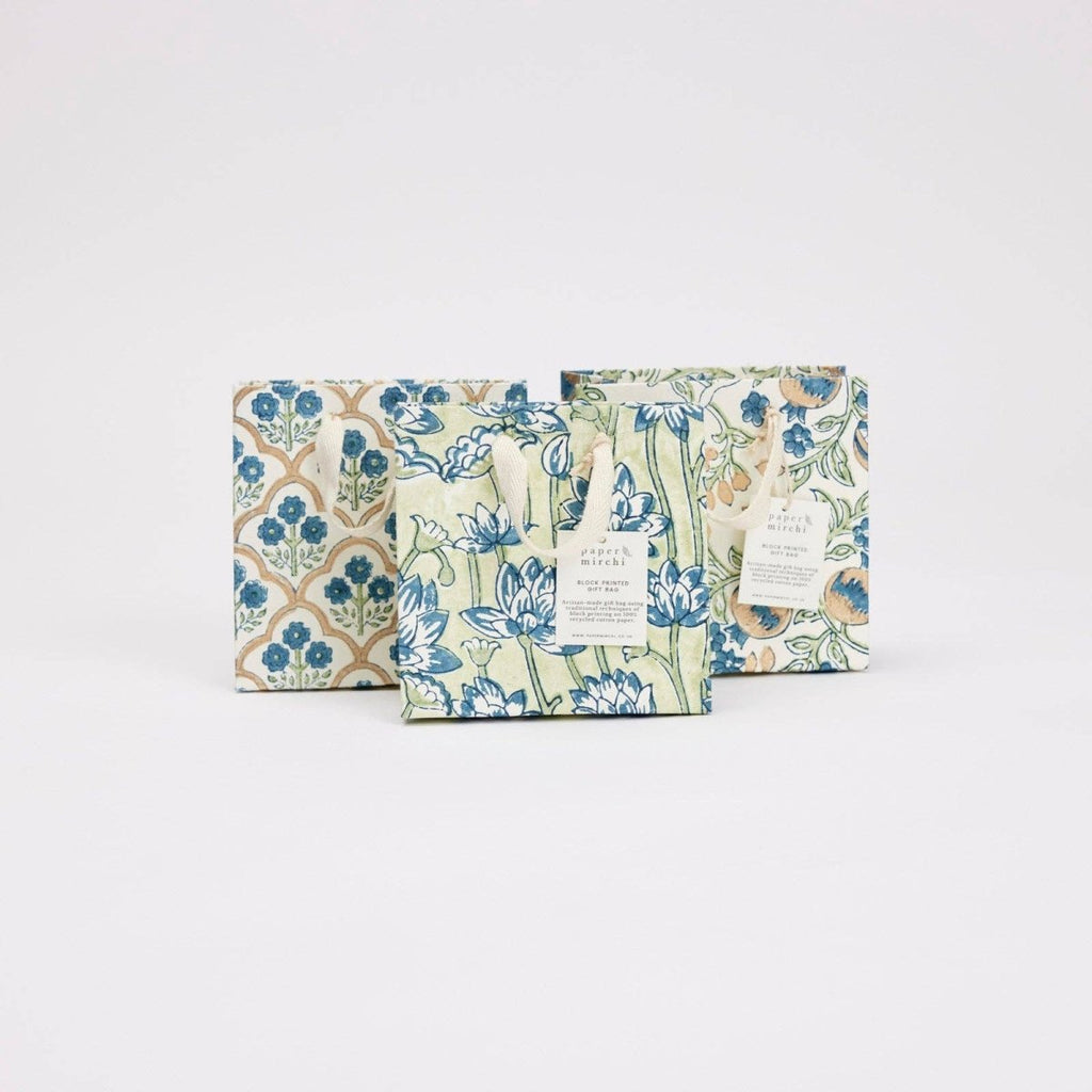 Paper Mirchi Hand Block Printed Gift Bags - Small - Blue, Pink, Yellow - RhoolGreeting CardPaper MirchiPaper Mirchi Hand Block Printed Gift Bags - Small - Blue, Pink, Yellow
