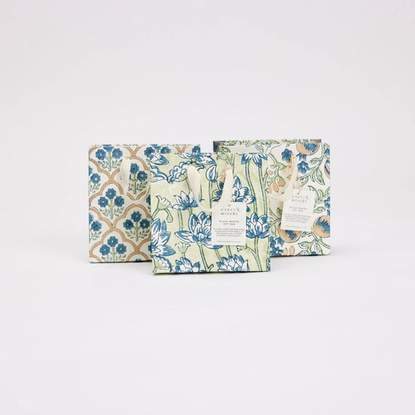 Paper Mirchi Hand Block Printed Gift Bags - Small - Blue, Pink, Yellow - RhoolGreeting CardPaper MirchiPaper Mirchi Hand Block Printed Gift Bags - Small - Blue, Pink, Yellow