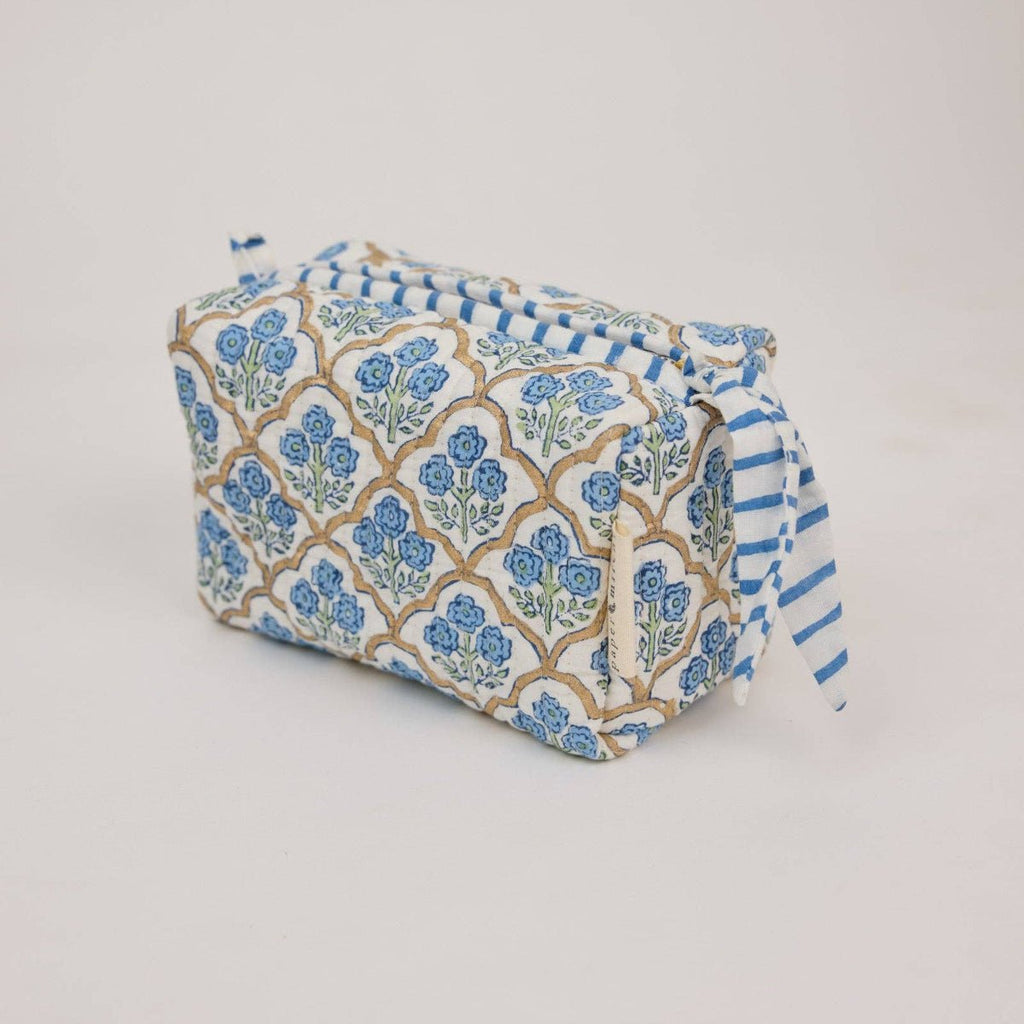 Paper Mirchi Organic Cotton Block Printed Wash Bag - Blue Trellis - Small - RhoolWash BagPaper MirchiPaper Mirchi Organic Cotton Block Printed Wash Bag - Blue Trellis - Small