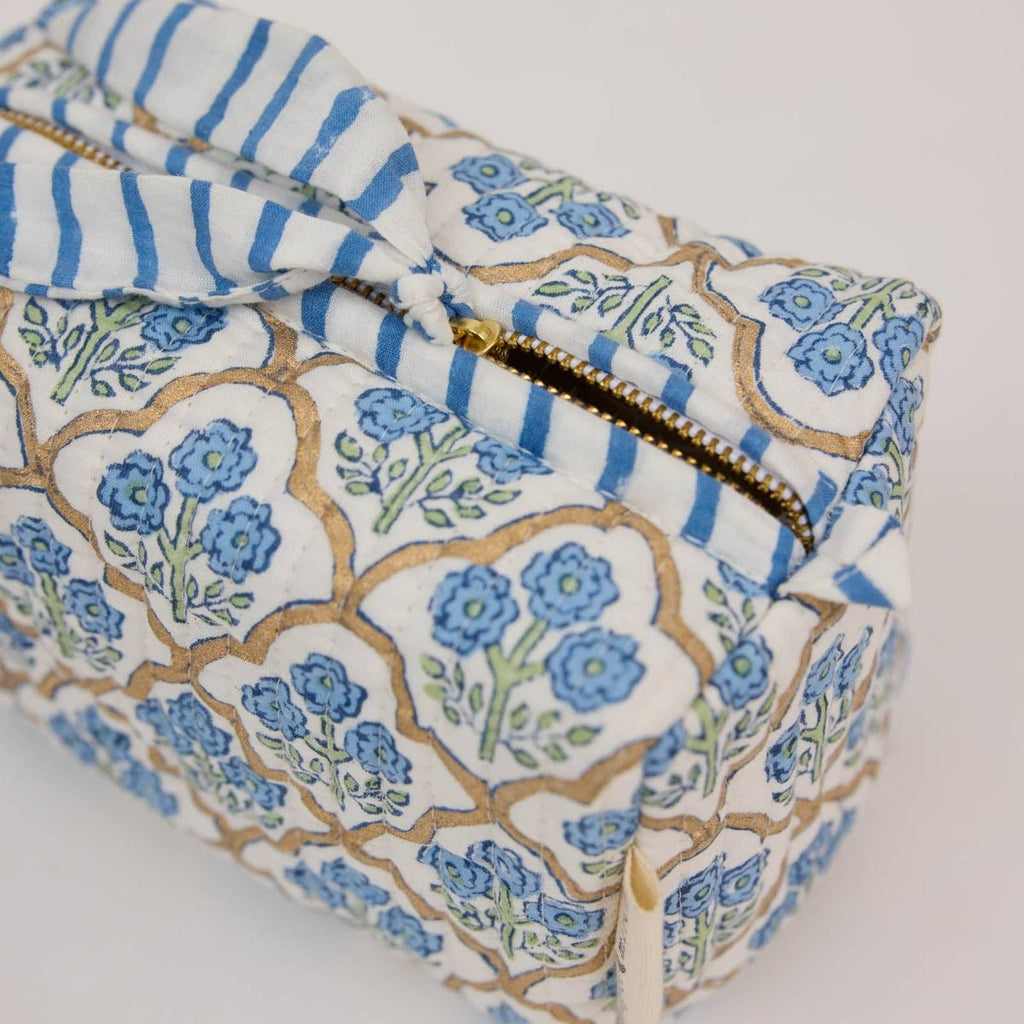 Paper Mirchi Organic Cotton Block Printed Wash Bag - Blue Trellis - Small - RhoolWash BagPaper MirchiPaper Mirchi Organic Cotton Block Printed Wash Bag - Blue Trellis - Small