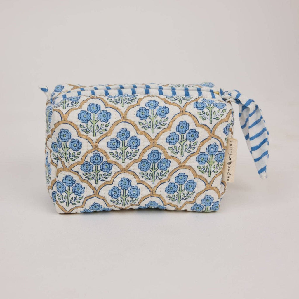 Paper Mirchi Organic Cotton Block Printed Wash Bag - Blue Trellis - Small - RhoolWash BagPaper MirchiPaper Mirchi Organic Cotton Block Printed Wash Bag - Blue Trellis - Small