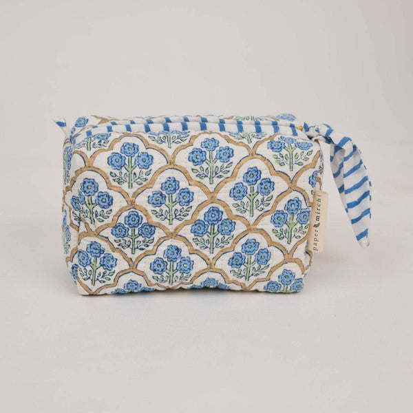 Paper Mirchi Organic Cotton Block Printed Wash Bag - Blue Trellis - Small - RhoolWash BagPaper MirchiPaper Mirchi Organic Cotton Block Printed Wash Bag - Blue Trellis - Small