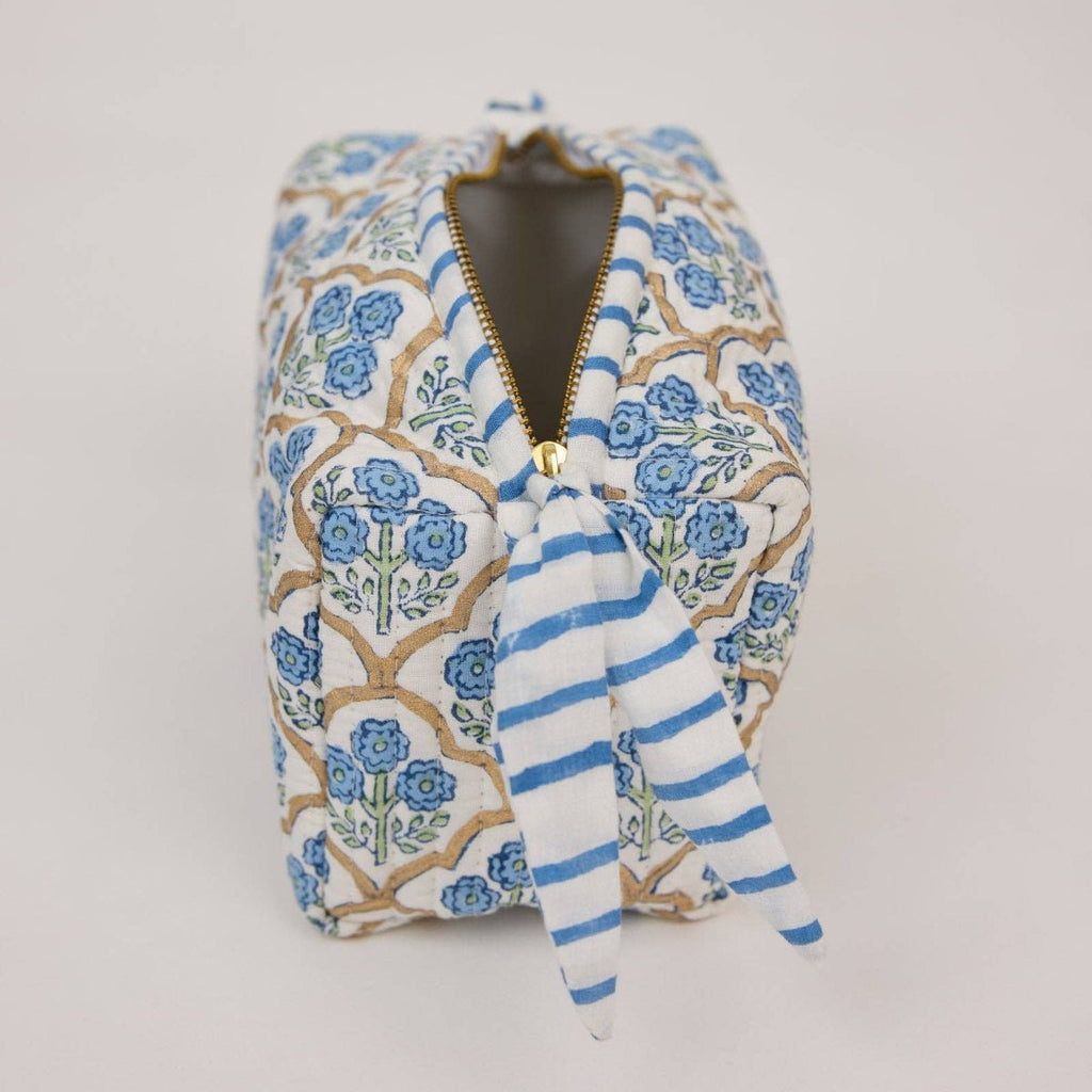 Paper Mirchi Organic Cotton Block Printed Wash Bag - Blue Trellis - Small - RhoolWash BagPaper MirchiPaper Mirchi Organic Cotton Block Printed Wash Bag - Blue Trellis - Small