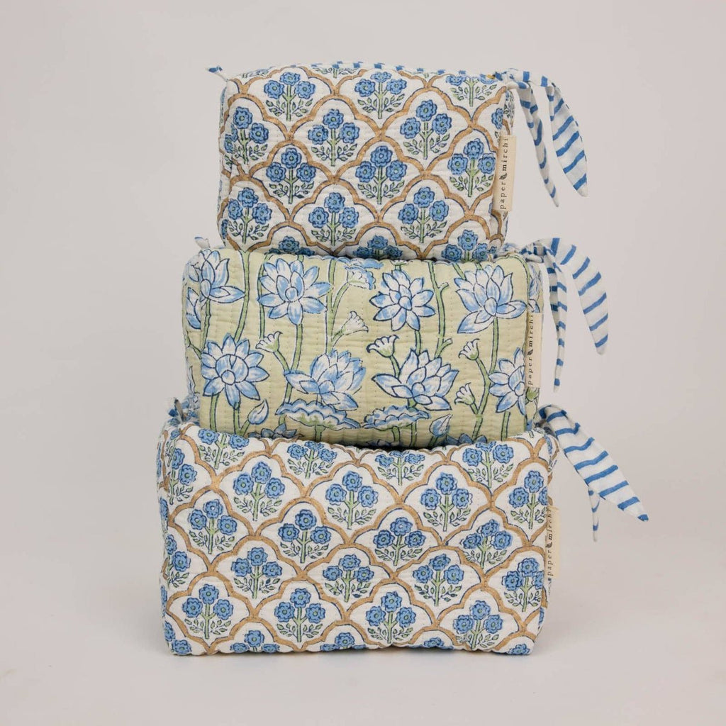 Paper Mirchi Organic Cotton Block Printed Wash Bag - Blue Trellis - Small - RhoolWash BagPaper MirchiPaper Mirchi Organic Cotton Block Printed Wash Bag - Blue Trellis - Small