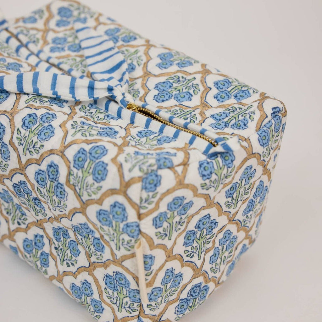 Paper Mirchi Organic Cotton Block Printed Wash Bag - Blue Trellis - RhoolWash BagPaper MirchiPaper Mirchi Organic Cotton Block Printed Wash Bag - Blue Trellis