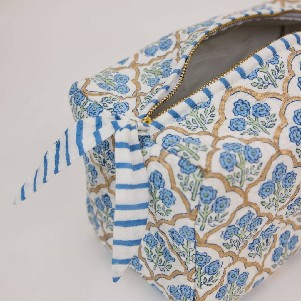 Paper Mirchi Organic Cotton Block Printed Wash Bag - Blue Trellis - RhoolWash BagPaper MirchiPaper Mirchi Organic Cotton Block Printed Wash Bag - Blue Trellis
