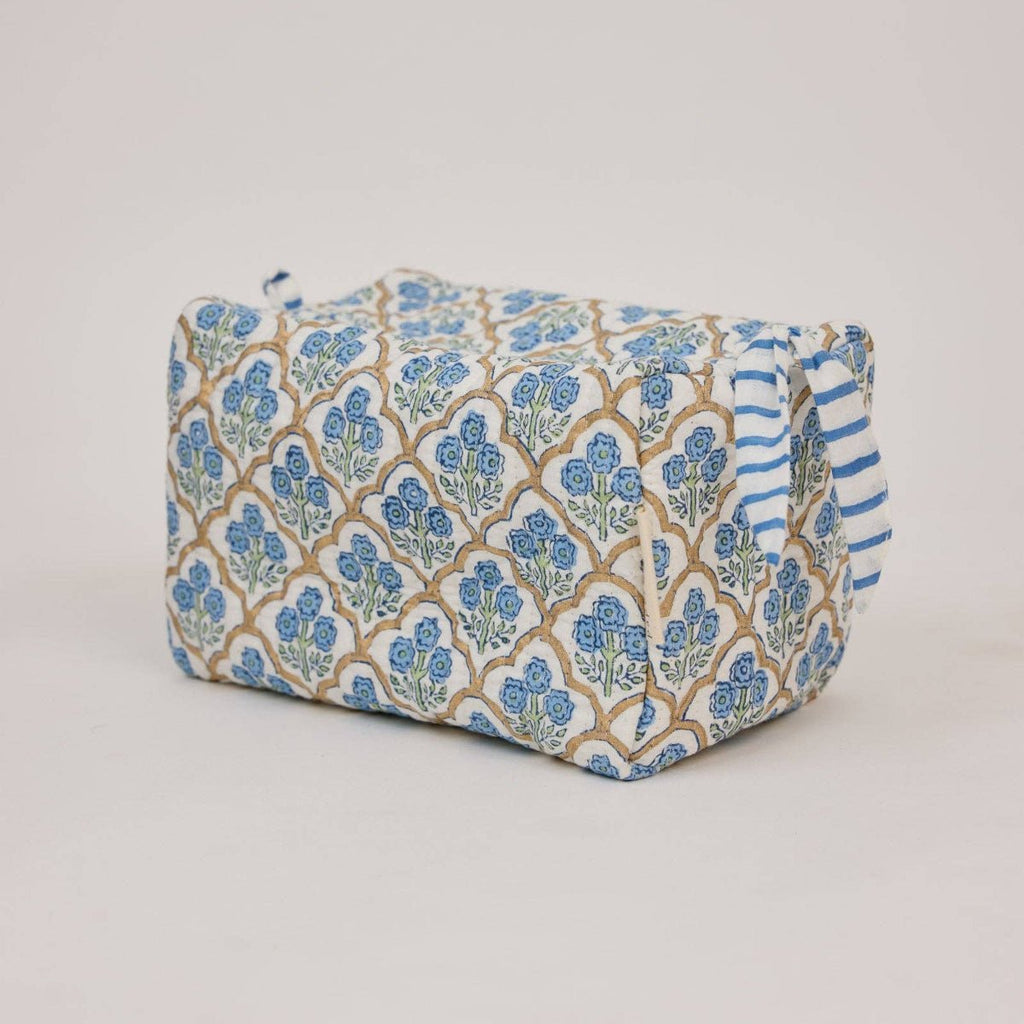 Paper Mirchi Organic Cotton Block Printed Wash Bag - Blue Trellis - RhoolWash BagPaper MirchiPaper Mirchi Organic Cotton Block Printed Wash Bag - Blue Trellis