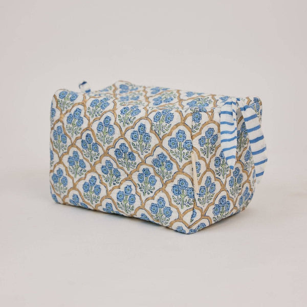 Paper Mirchi Organic Cotton Block Printed Wash Bag - Blue Trellis - RhoolWash BagPaper MirchiPaper Mirchi Organic Cotton Block Printed Wash Bag - Blue Trellis