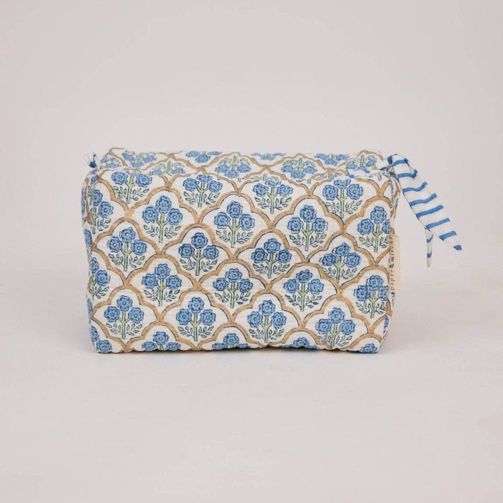 Paper Mirchi Organic Cotton Block Printed Wash Bag - Blue Trellis - RhoolWash BagPaper MirchiPaper Mirchi Organic Cotton Block Printed Wash Bag - Blue Trellis
