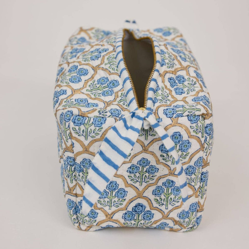 Paper Mirchi Organic Cotton Block Printed Wash Bag - Blue Trellis - RhoolWash BagPaper MirchiPaper Mirchi Organic Cotton Block Printed Wash Bag - Blue Trellis