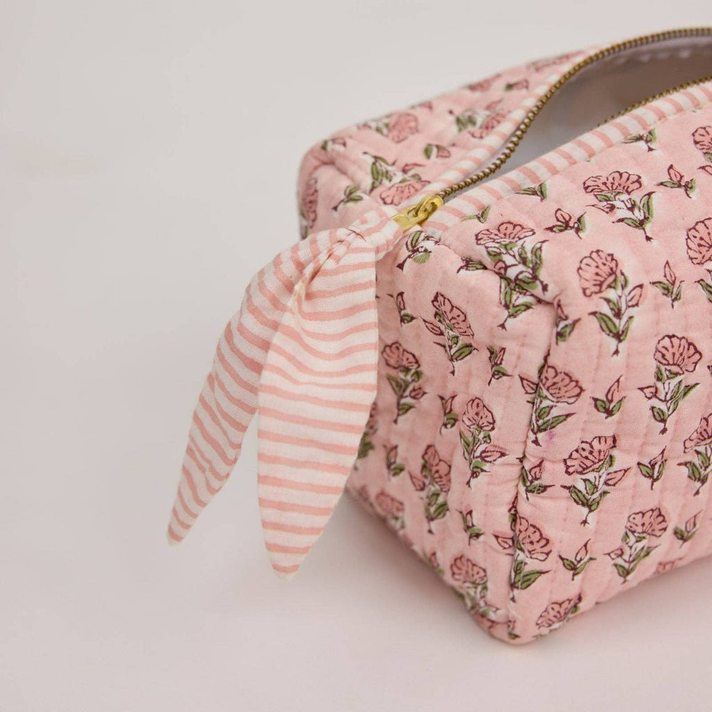 Paper Mirchi Organic Cotton Block Printed Wash Bag - Pink Floral - Medium - RhoolWash BagPaper MirchiPaper Mirchi Organic Cotton Block Printed Wash Bag - Pink Floral - Medium