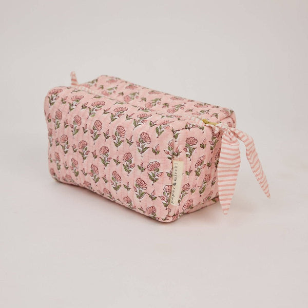 Paper Mirchi Organic Cotton Block Printed Wash Bag - Pink Floral - Medium - RhoolWash BagPaper MirchiPaper Mirchi Organic Cotton Block Printed Wash Bag - Pink Floral - Medium