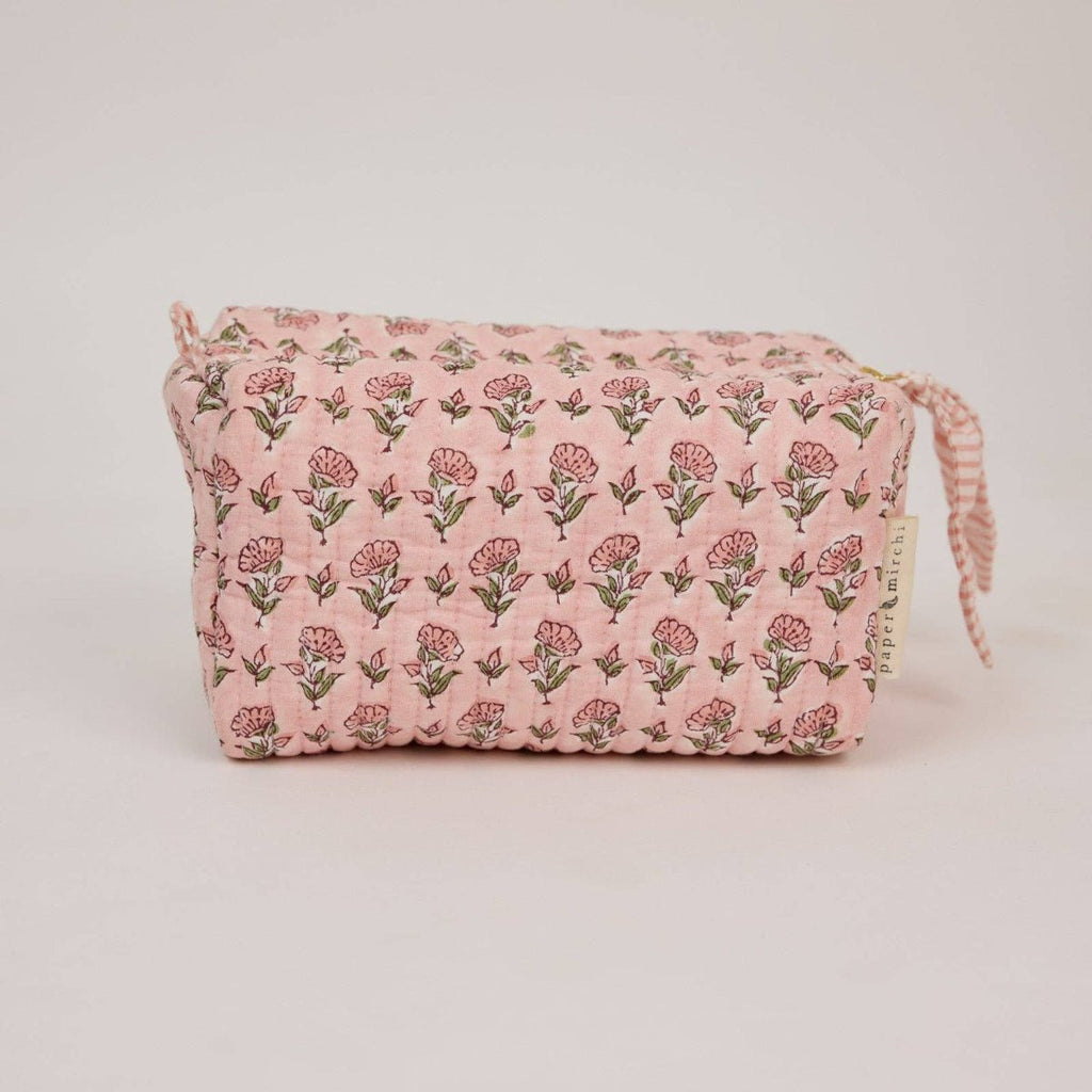 Paper Mirchi Organic Cotton Block Printed Wash Bag - Pink Floral - Medium - RhoolWash BagPaper MirchiPaper Mirchi Organic Cotton Block Printed Wash Bag - Pink Floral - Medium