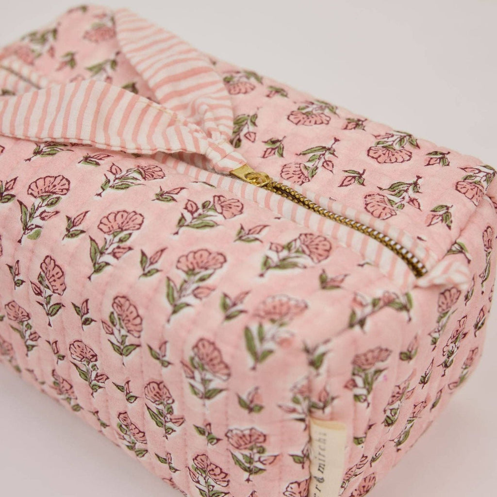 Paper Mirchi Organic Cotton Block Printed Wash Bag - Pink Floral - Medium - RhoolWash BagPaper MirchiPaper Mirchi Organic Cotton Block Printed Wash Bag - Pink Floral - Medium