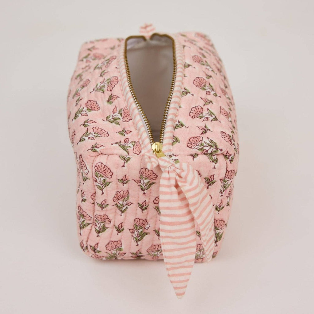 Paper Mirchi Organic Cotton Block Printed Wash Bag - Pink Floral - Medium - RhoolWash BagPaper MirchiPaper Mirchi Organic Cotton Block Printed Wash Bag - Pink Floral - Medium
