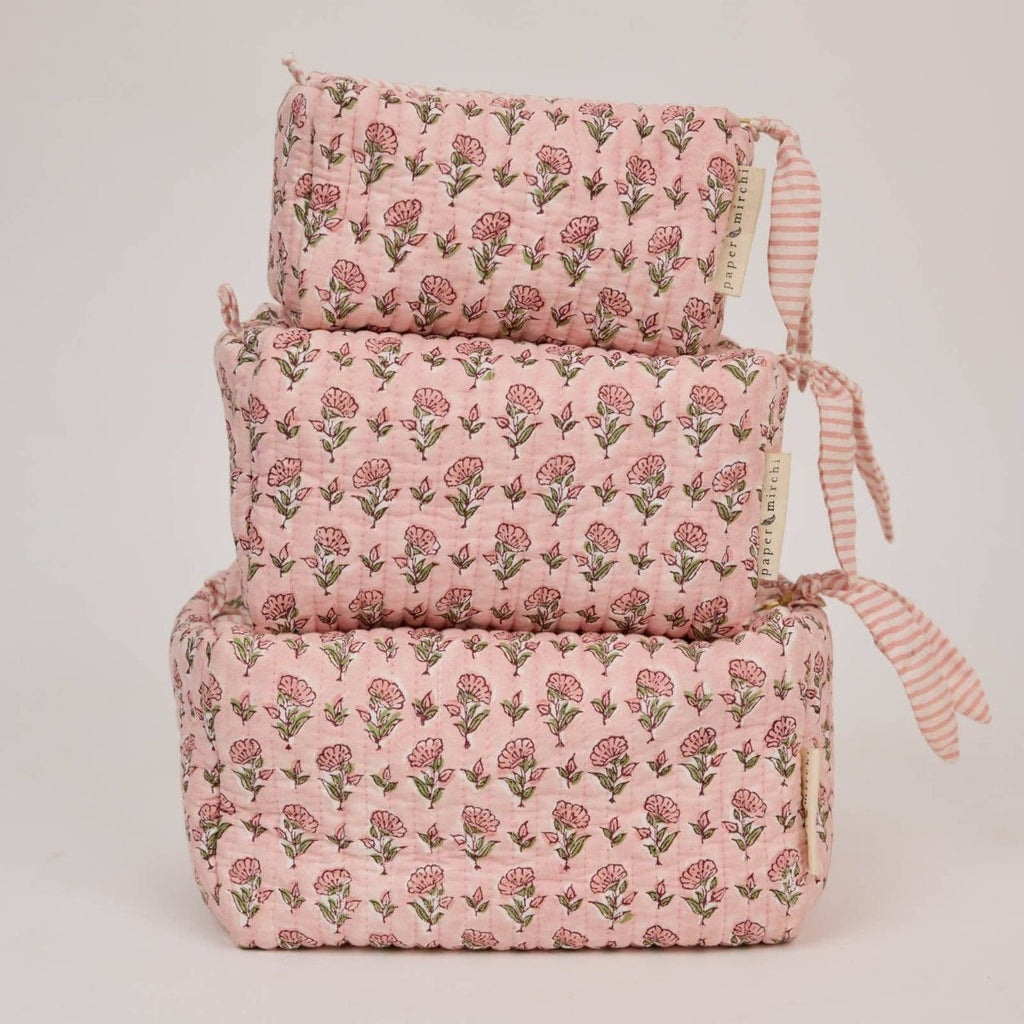 Paper Mirchi Organic Cotton Block Printed Wash Bag - Pink Floral - Medium - RhoolWash BagPaper MirchiPaper Mirchi Organic Cotton Block Printed Wash Bag - Pink Floral - Medium