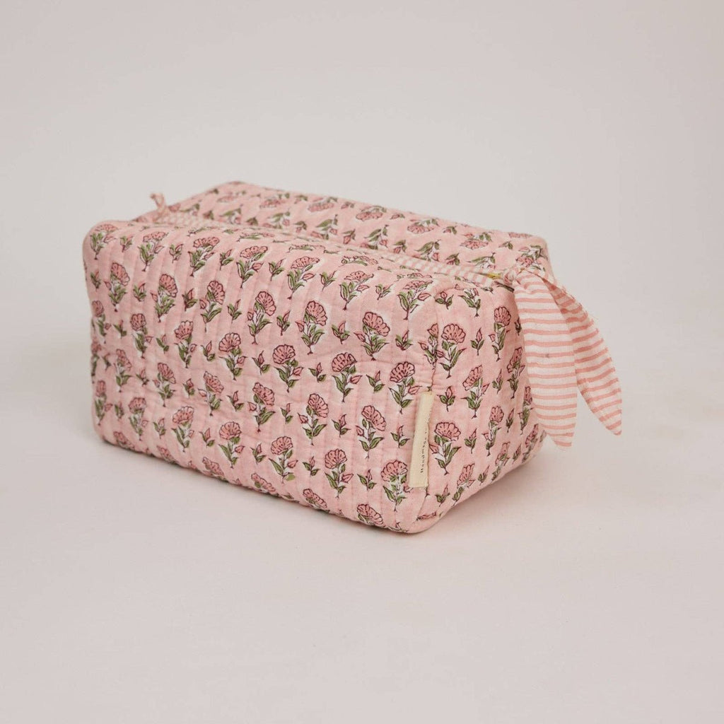 Paper Mirchi Organic Cotton Block Printed Wash Bag - Pink Floral - RhoolWash BagPaper MirchiPaper Mirchi Organic Cotton Block Printed Wash Bag - Pink Floral