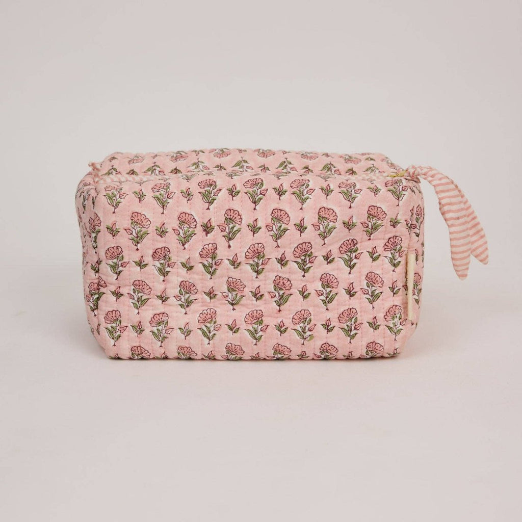 Paper Mirchi Organic Cotton Block Printed Wash Bag - Pink Floral - RhoolWash BagPaper MirchiPaper Mirchi Organic Cotton Block Printed Wash Bag - Pink Floral