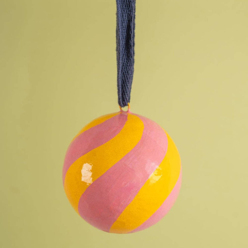 Papier Mache Hand Painted Bauble - Pink/Yellow - RhoolBaubleIan SnowPapier Mache Hand Painted Bauble - Pink/Yellow