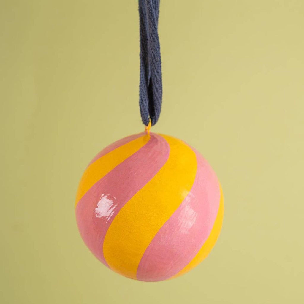 Papier Mache Hand Painted Bauble - Pink/Yellow - RhoolBaubleIan SnowPapier Mache Hand Painted Bauble - Pink/Yellow